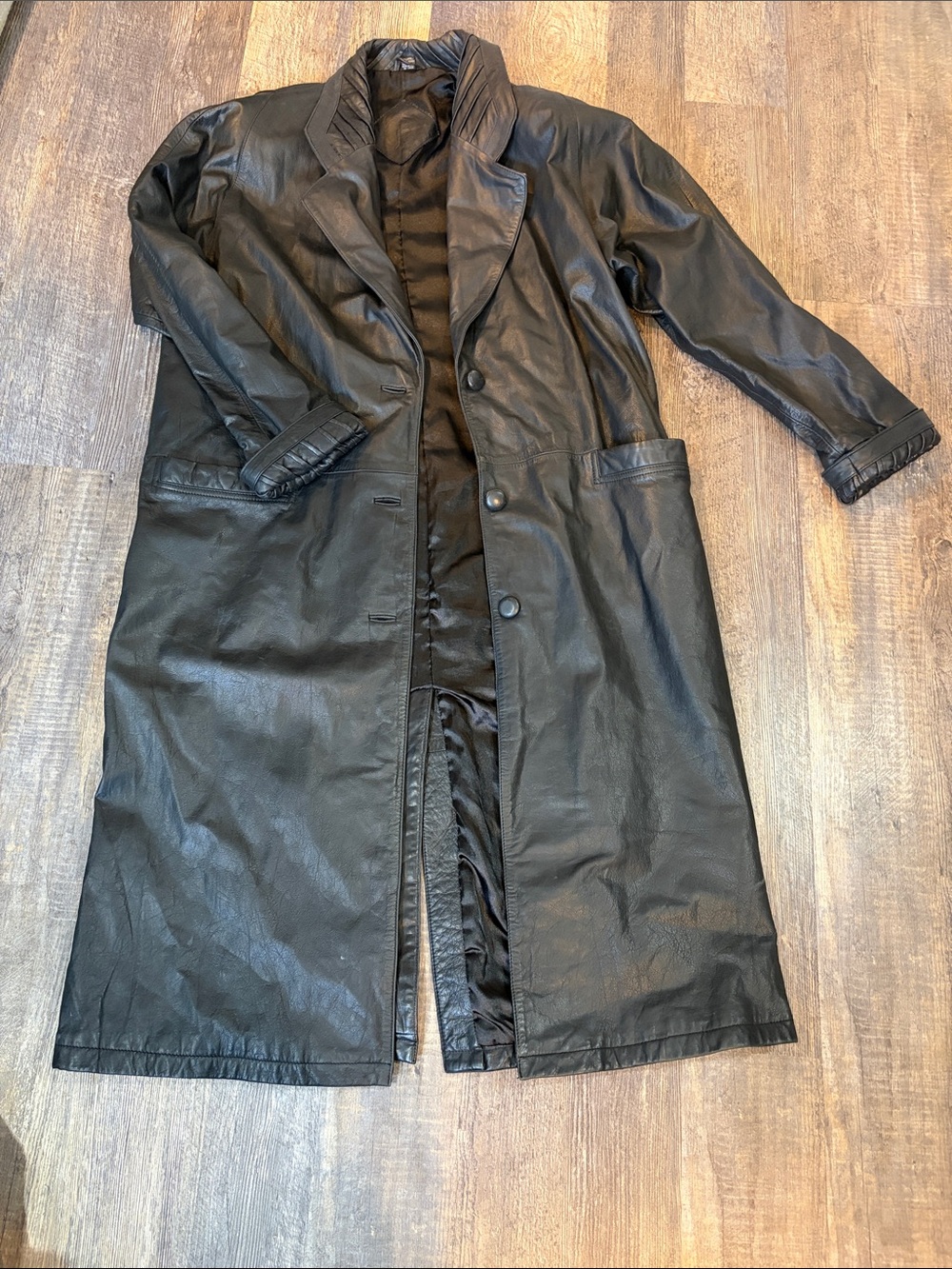 Vintage Black Leather Long Coat - Women's